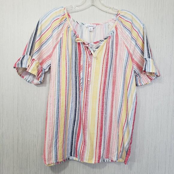 Chloe + Rene striped linen blend ruffle short sleeve tie front shirt womans sz M - Picture 1 of 6